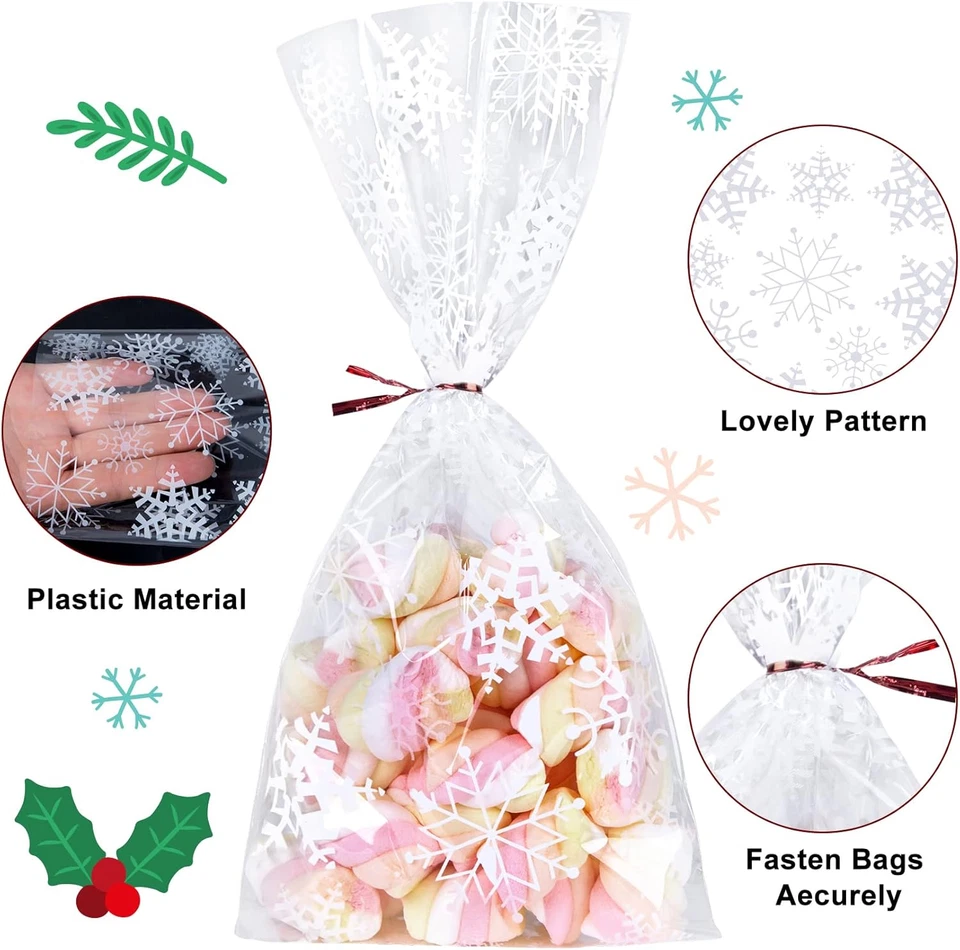 100 Piezas Bolsas de Golosinas de Navidad, Copo de Nieve Navidad Celofán Transparente Caramelo Galleta Foto 3 de 4