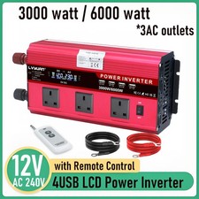 3000W 6000W Power Inverter 12V to 240V 4USB 3AC LCD Remote Control Converter