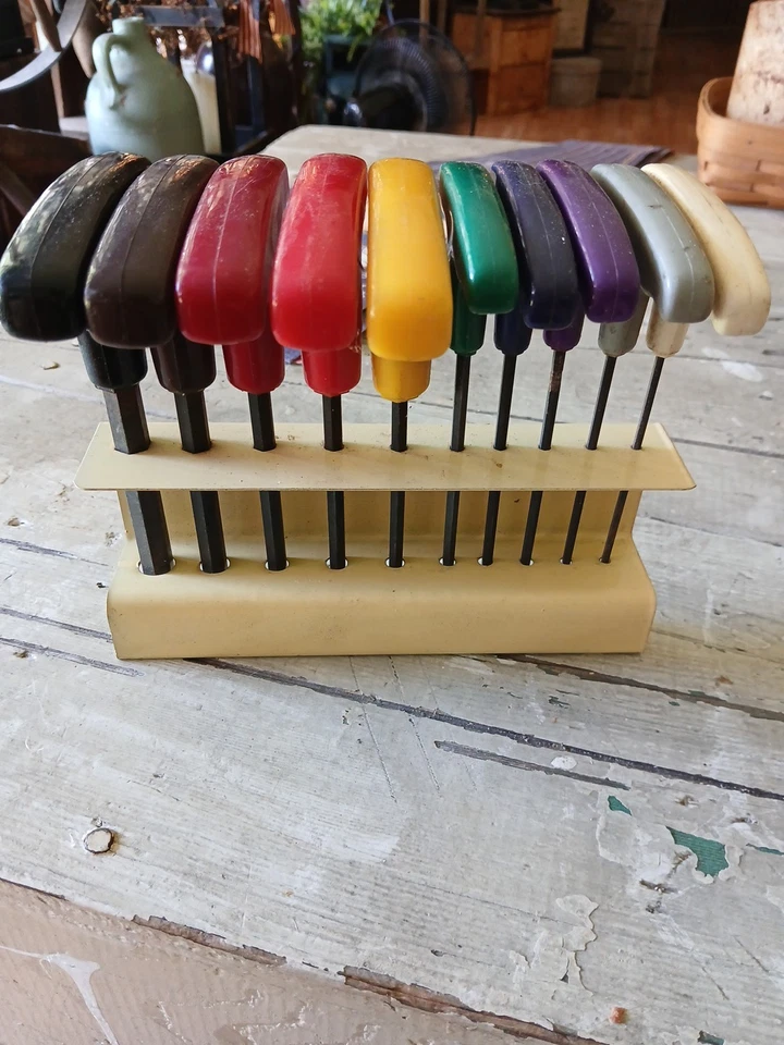 10pc SAE 3/32” to 3/8” Colored T-Handle Hex Allen Wrench Key Set w/ Metal Holder - Image 3 of 3