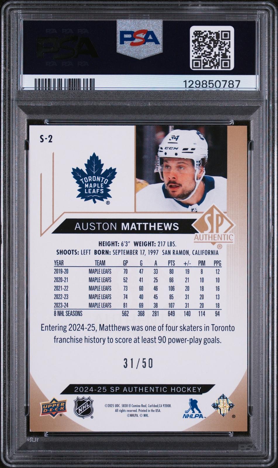 2024-25 SP Authentic #S-2 Auston Matthews Spectrum FX Gold #/50 PSA 9 view 2