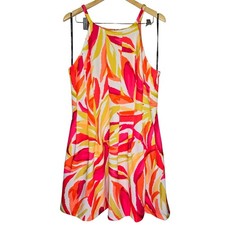 Vince Camuto Womens Pink Orange Abstract Leaf Print Halter Dress Size 16