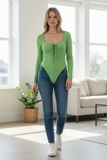 Just Polly New York Lime Green Ribbed Lace-Up Long Sleeve Bodysuit - Size XL NWT