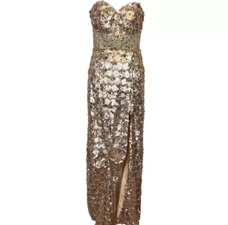 ebay gold sequin dress gold cocktail dress long sleeve GOLD SEQUIN LONG SLEEVE BODYCON DRESS, M