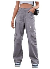 Cargo Pants Women High Waist Wide Leg Casual Pants with 7 Small Blue Grey