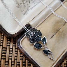 925 Sterling Silver Necklace, Genuine Blue Diamond Pendant, Rose Pendant 