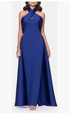 Betsy  Adam Indigo Satin Halter Evening Gown Cape Formal Dress Size 8 NWT GALA