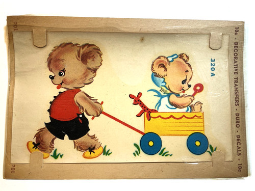 VTG 1950'S DURO DECALS #320A YOUNG BEAR PULLING BABY BEAR 4" BY 7" NEW OLD STOCK