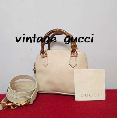 Gucci Bamboo Leather Mini 2Way Handbag Shoulder Off White Vintage Auth
