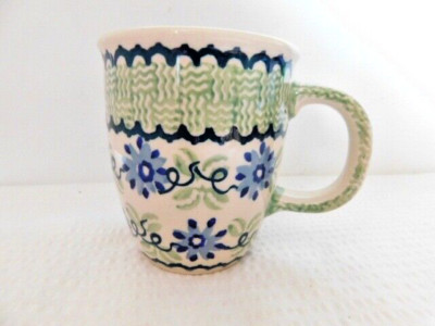 Manufaktura Boleslawiec Polish Pottery Coffee Mug Blue Flowers Jade Color Trim