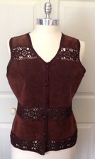 Women's Brown Leather Suede And Crocheted Vest Boho Retro Hippie Size M VTG 70's