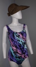 Women 16 Vintage Striped One Piece Swim Suit Multi Color Shimmery Neon Colors