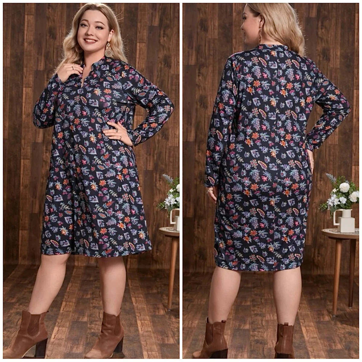 NEW Emery Rose Black Long Sleeve V Neck Floral Stretch Plus Size Shift Dress 2X