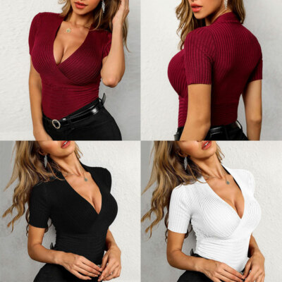 Frauen Sexy Plain Basic V-Ausschnitt Bluse Top Lady Sommer Casual Stretch æ