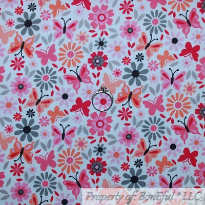 BonEful FABRIC Cotton Quilt White Pink Gray Orange Flower Butterfly Bird 1 SCRAP