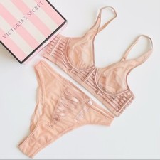 32B SMALL Victoria  s Secret beige nude mesh plunge bra set brazilian panties