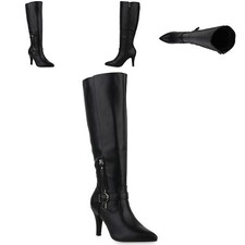Klassische Stiefel Damen Boots Leder-Optik High Heels Schnallen 902285