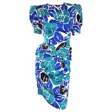 1980s Flora Kung 100 Silk Puff Sleeve Bold Print Bow Ruched Waist Floral Dress