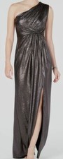 $200 Adrianna Papell Women's Silver Metallic Waffle Knit One Shoulder Gown US 6