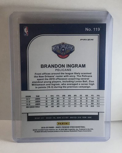 2019-20 NBA Hoops Premium Stock Brandon Ingram Silver Prizm Parallel Pelicans - Picture 2 of 2