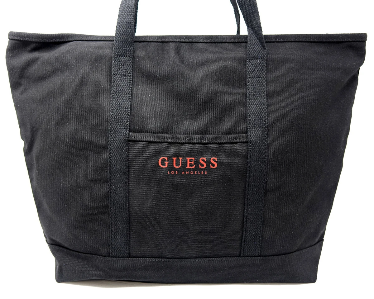 NEW GUESS Black Red Logo Large Canvas Tote Bag Shopper Handbag