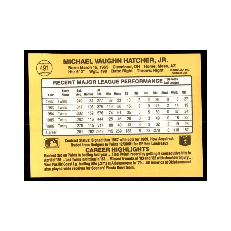 1987 Donruss Mickey Hatcher Baseball Cards #491 - Image 2 of 3