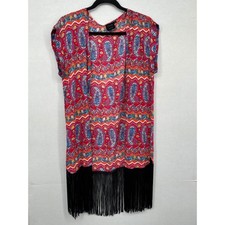 Clich  Couture Size Small Paisley Fringe Kimono Vest Boho Festival Layering