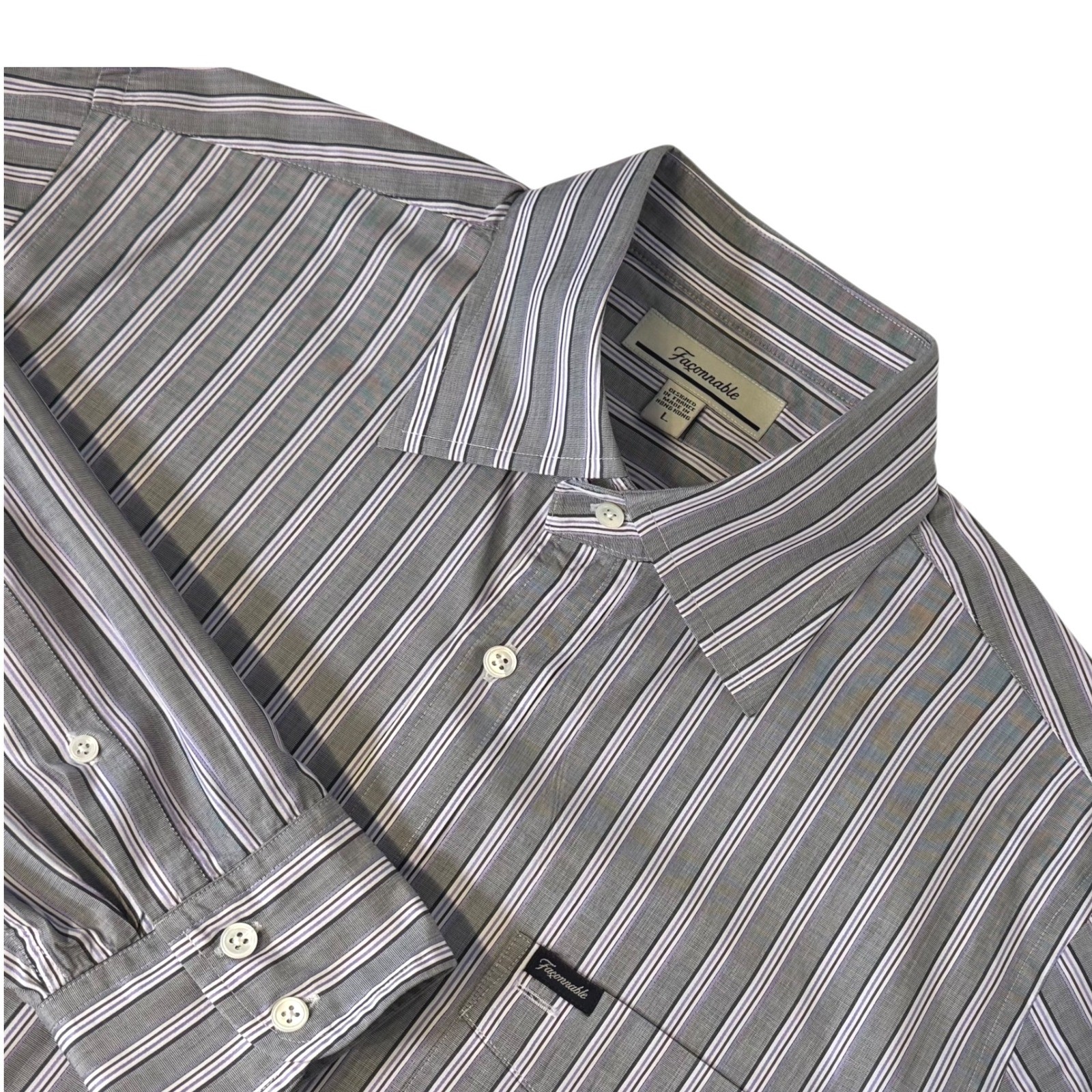 Faconnable Men's LARGE Striped Purple Gray Button Down Dress Shirt Long Sleeve