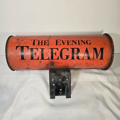 vintage metal The Evening Telegram orange newspaper delivery tube