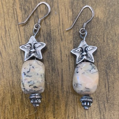 Handcrafted Star Face Dangle Earrings  Silver Marbled Bead Beige Stone Oval