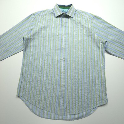 Robert Graham Mens Shirt Medium Blue Green Textured Stripe Silk Casual Flip Cuff