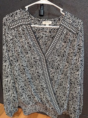 Max Studio Abstract Print V-Neck Long Sleeve Ruffle Pullover Blouse M