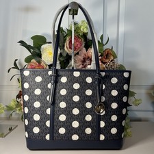 NWT MICHAEL KORS MK Dots Jet Set Travel Large Shoulder Tote Bag Navy Blue/White