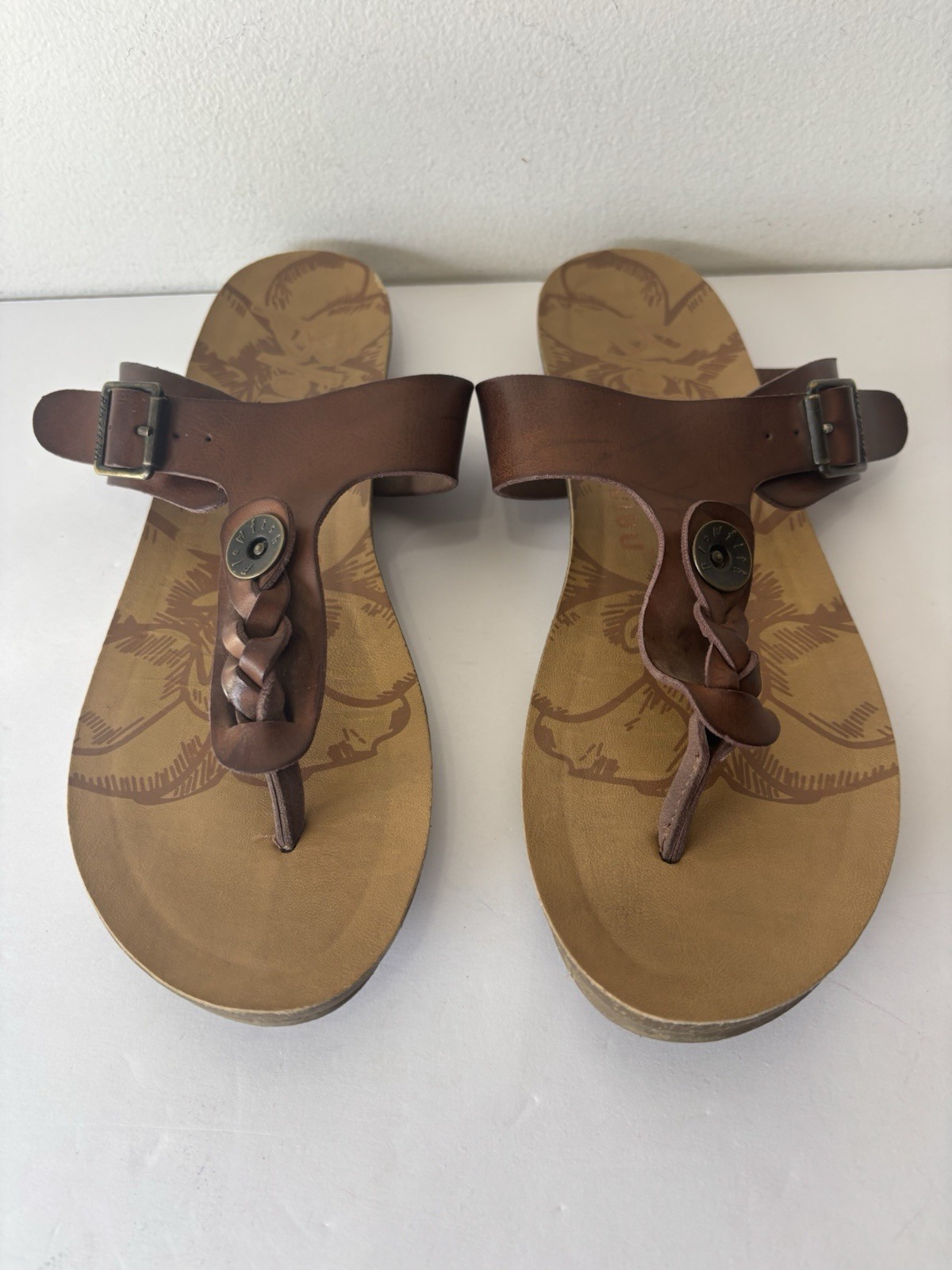 Blowfish Sandals Women 7 Braided Thong Brown Faux Leather Slip On Flat Comfort