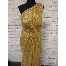 Hebeos One Shoulder Gold Sequin Maxi Dress Thigh Split Evening Prom Gown MED NWT