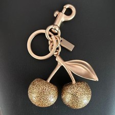 Gold Tone Glitter Cherry Bag Charm Keychain Resin Fruit Purse Pendant