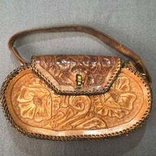 Vintage Handcrafted Tooled Leather Floral Design hand Bag With Strap  Metal