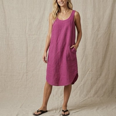 italian linen lagenlook dresses Italian Oversized Linen Lagenlook Back Buttons Solid Swing Midi Dress The Lino Lounge