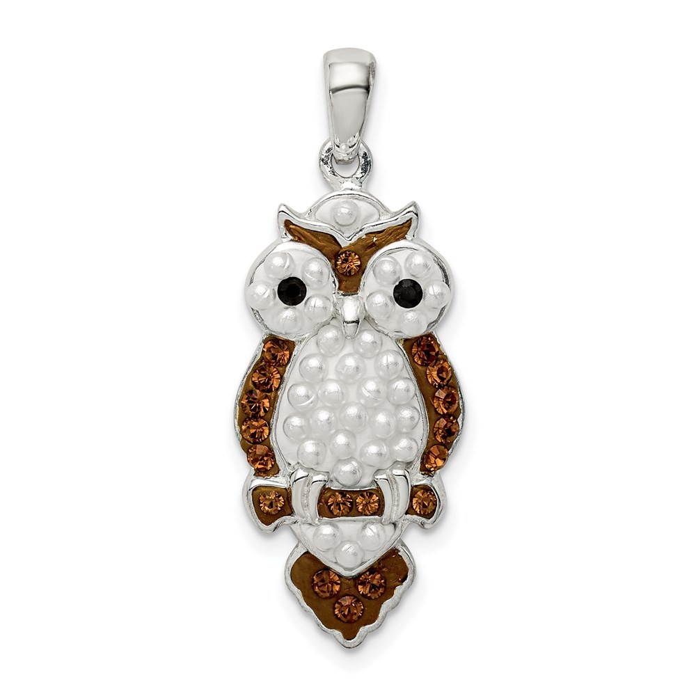 Sterling Silver Rhodium-plated Pearl Preciosa Crystal Owl Pendant 3.21gm
