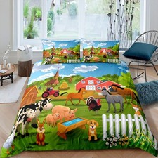 Kids Bedding Set Cartoon Farmhouse Duvet Cover Set Cute Farm Animal Boys Girl...