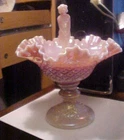 B 9" Fenton Iridescent Rosalene Pink September Morn Diamond Lace Epergne & Nymph