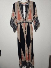 the clothing co. Geometric Maxi Dress, V-Neck, Drawstring, Black/Orange Sz S
