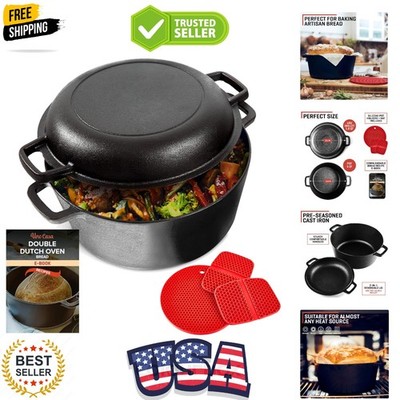 2-in-1 Cast Iron Dutch Oven Large - 5 Quart Dutch Oven Pot with Lid, Pre-Seas...