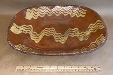 Antique 19th C Redware Stoneware Slip Decorated Large Pennsylvania Loaf Dish