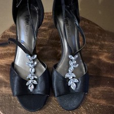 Fioni Black Strappy Synthetic Ankle Strap Rhinestone Open Toe Stiletto Heels 7
