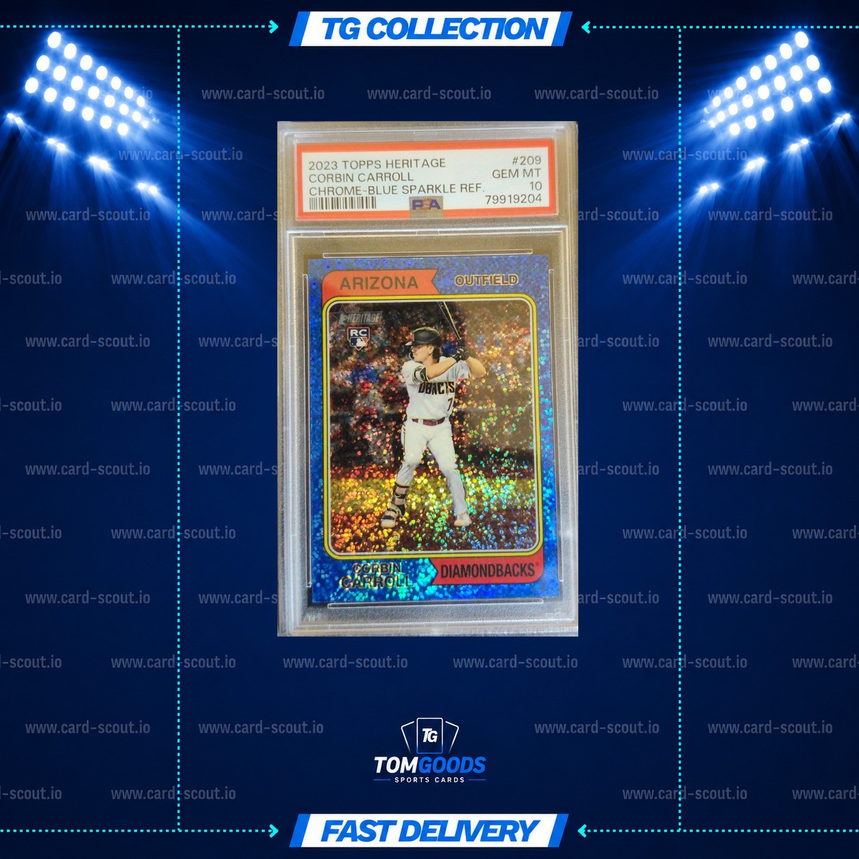 Corbin Carroll Topps Heritage 2023 Parallel Chrome Blue Sparkle Refractor PSA 10 view 1