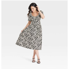 A New Day Black White Floral Short Sleeve Midi Dress Size 6 NWT