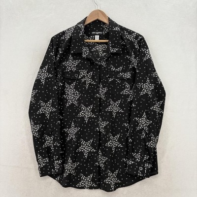 Karl Lagerfeld Paris Printed Button-Tab Utility Shirt Womens Large Black Stars