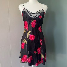 Vintage Victorias Secret 100 Silk Rose Print Slip Dress Black Red XS 12/97