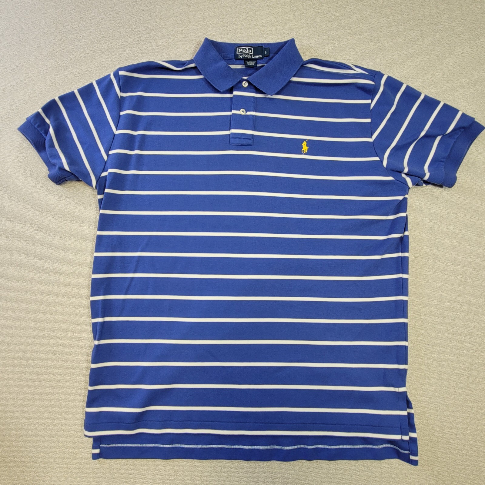 Polo Ralph Lauren uomo camicia cotone grande blu bianco righe giallo pony L