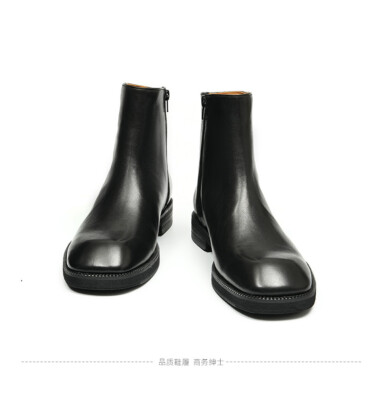 Mens Zipper Chelsea Ankle Boots Real Leather Square Toe